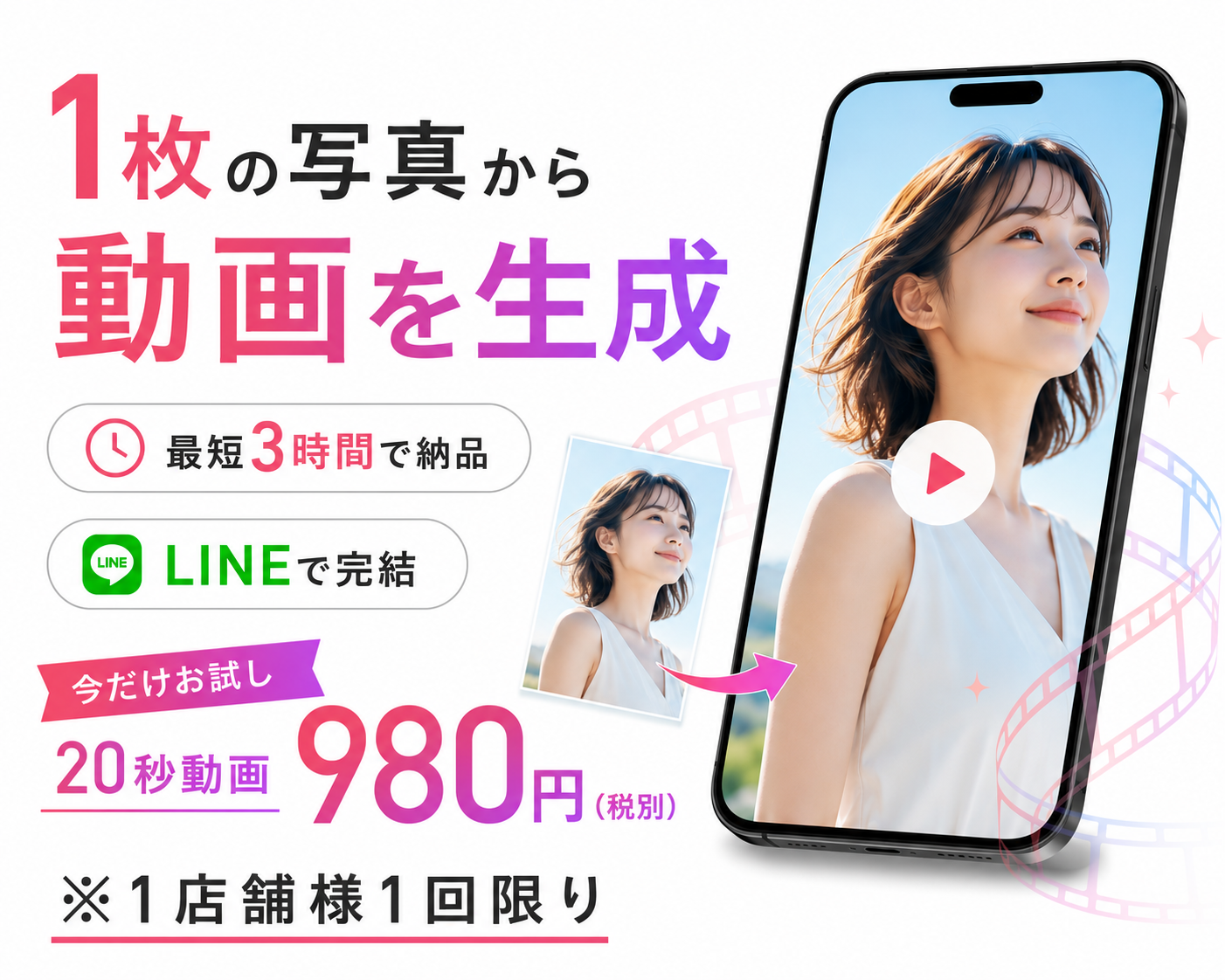 1枚の写真から動画を生成。最短3時間で納品、LINEで完結。今だけお試し20秒動画980円（税別・1店舗様1回限り）